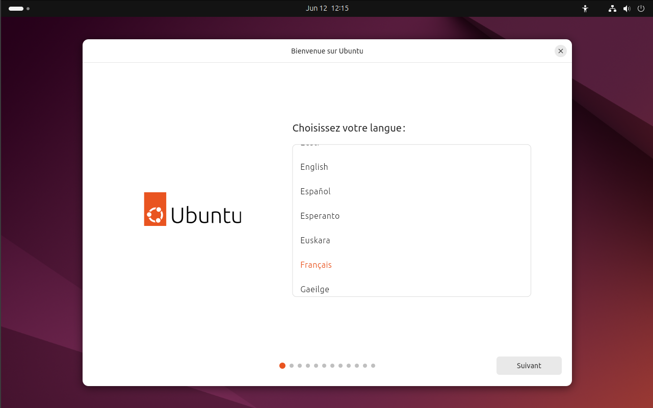 Choix de la langue lors de l'installation