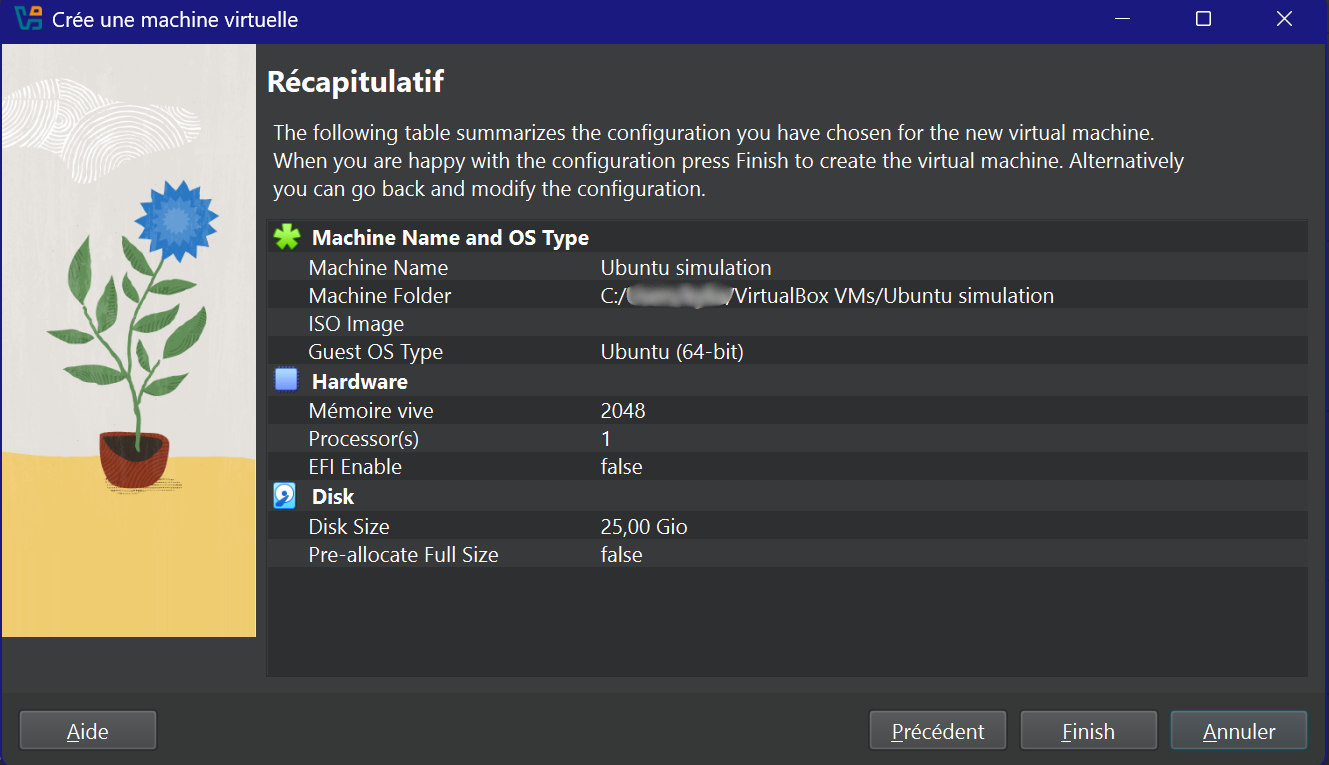 Récapitulatif de la configuration de la machine virtuelle